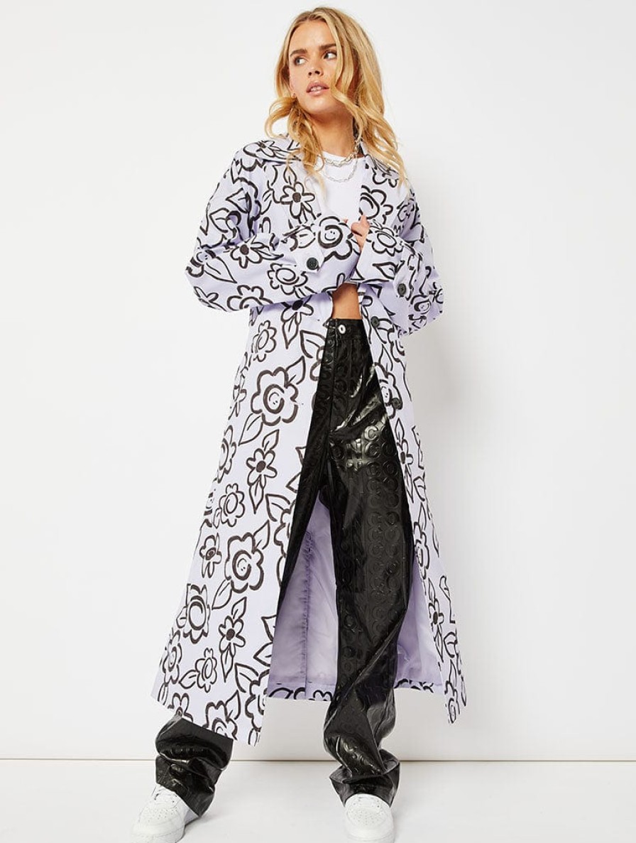 Skinnydip London Lilac Happy Face Flower Printed Trench Coat Shop All Clothing