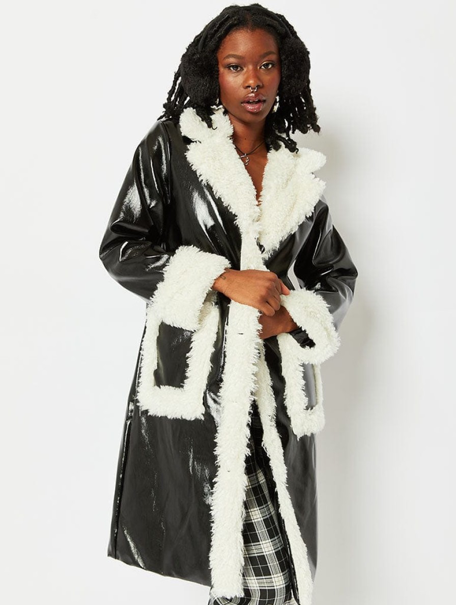 Skinnydip London Patent Faux Leather Coat With Ivory Fur Trim Coats & Jackets