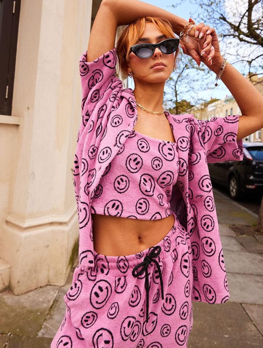 Skinnydip London Happy Face Printed Pink Towelling Cami Top Co-Ords