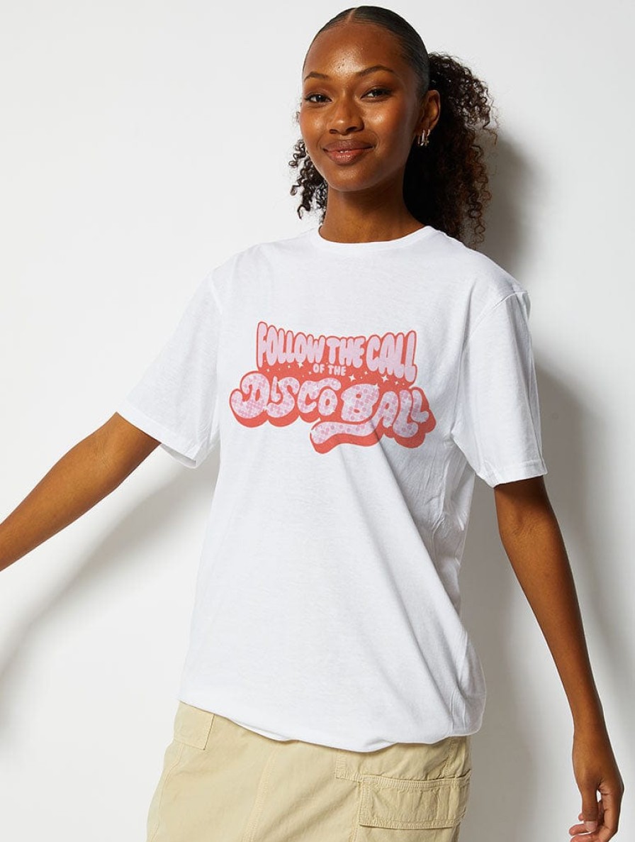 Skinnydip London Follow The Call Of The Disco Ball T-Shirt In White Tops & T-Shirts