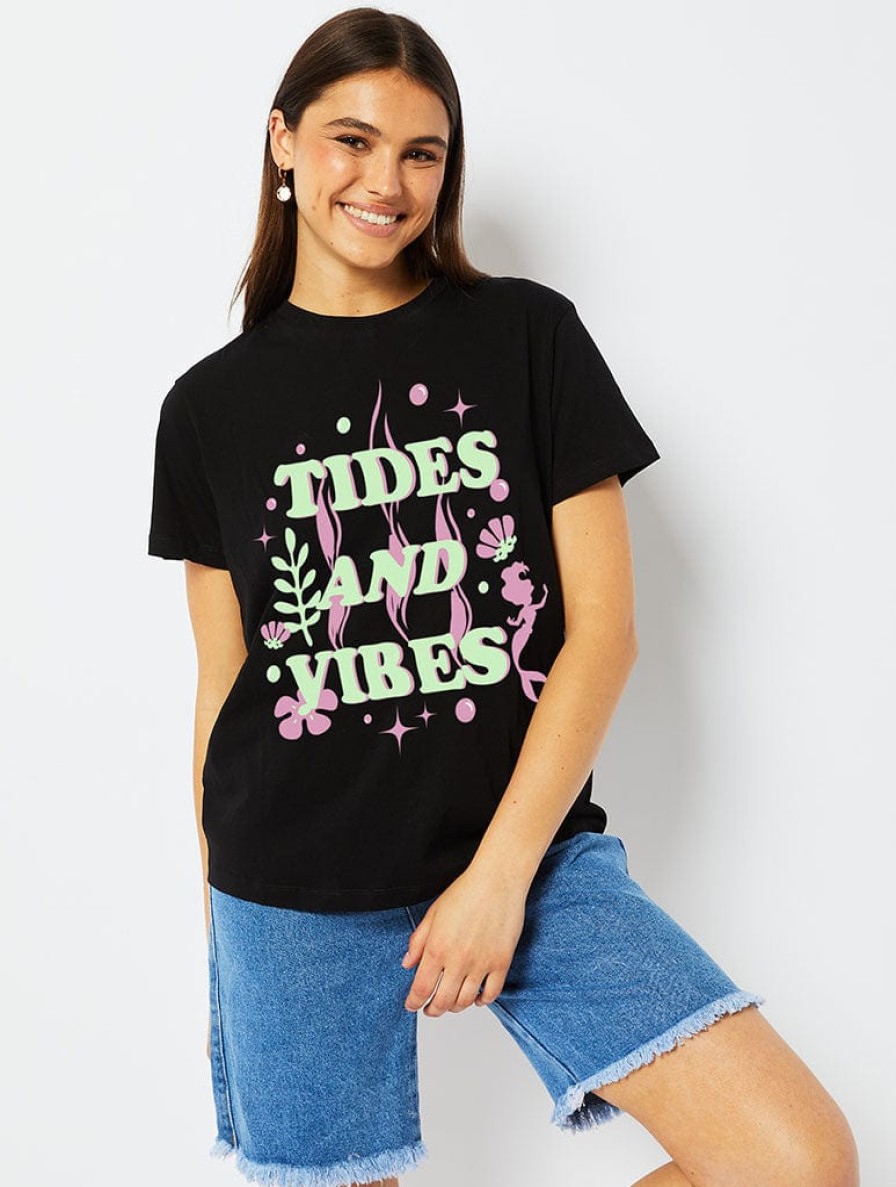 Skinnydip London Disney Ariel Tides & Vibes T-Shirt In Black Tops & T-Shirts