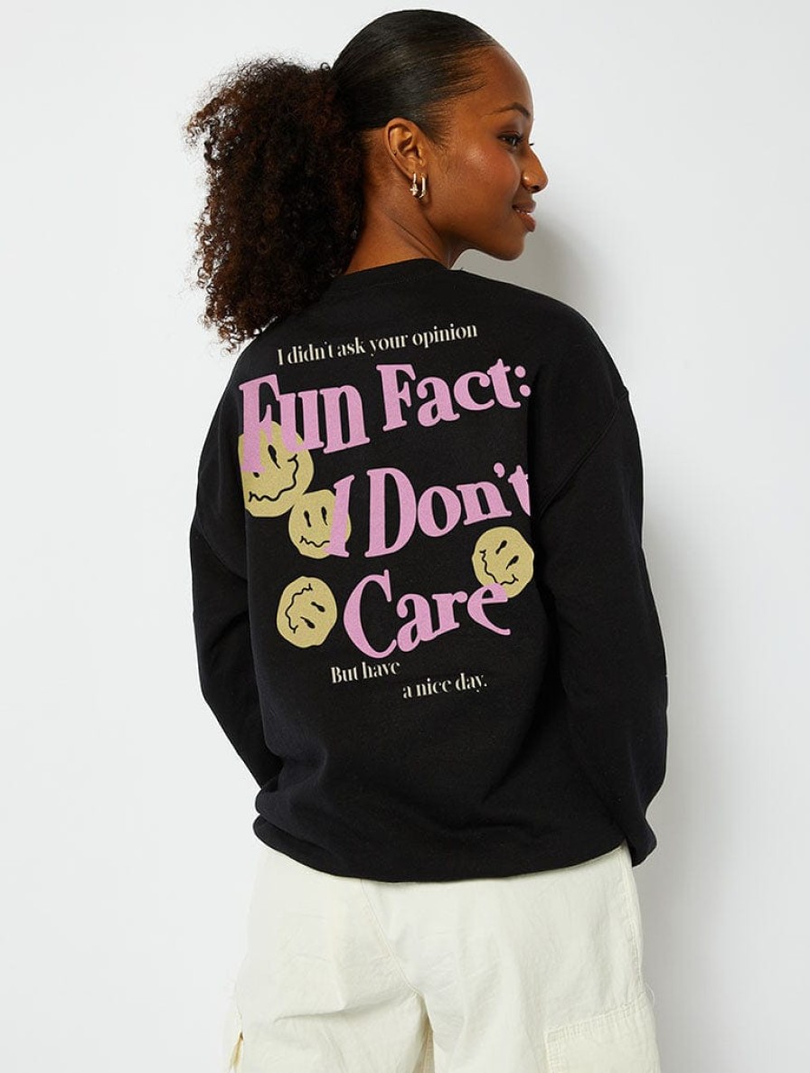 Skinnydip London Fun Fact I Don'T Care Sweatshirt In Black Hoodies & Sweatshirts