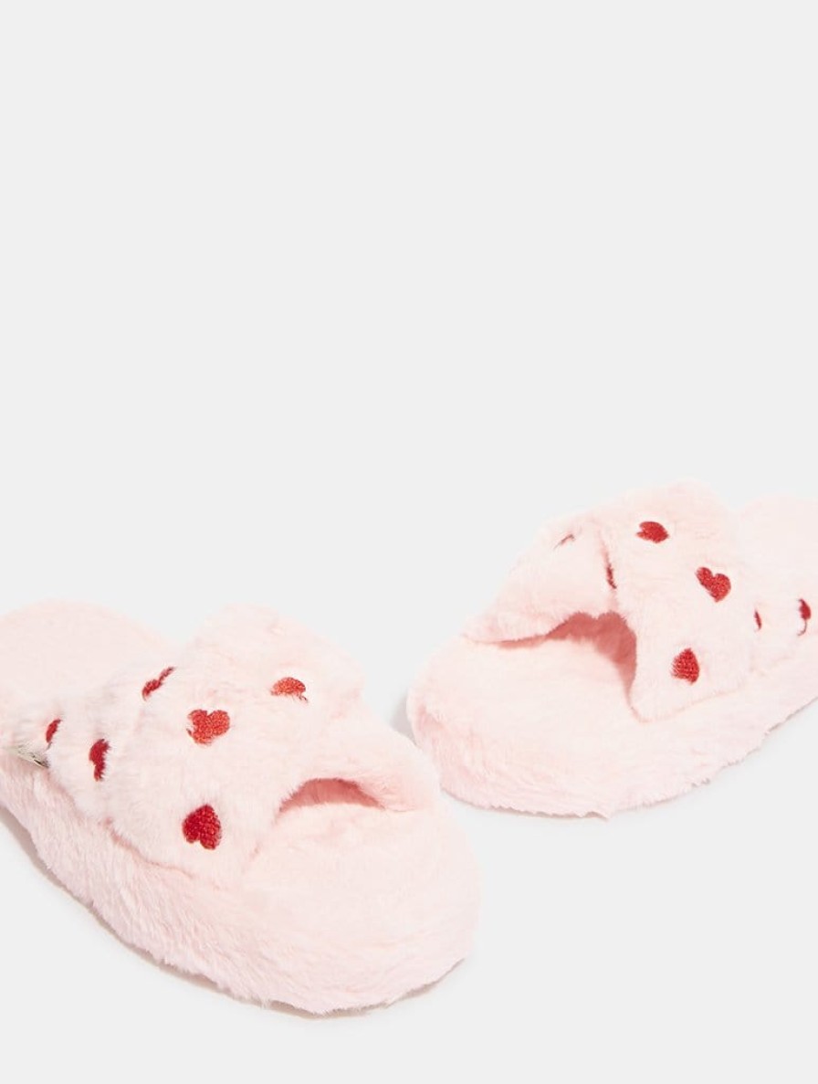 Skinnydip London Pink Fluffy Heart Cross Over Slippers Nightwear