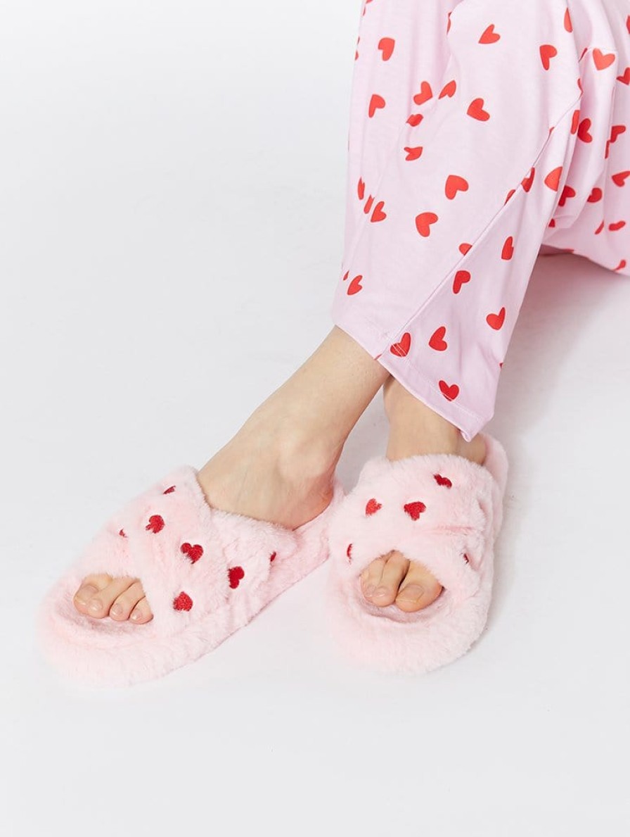 Skinnydip London Pink Fluffy Heart Cross Over Slippers Nightwear