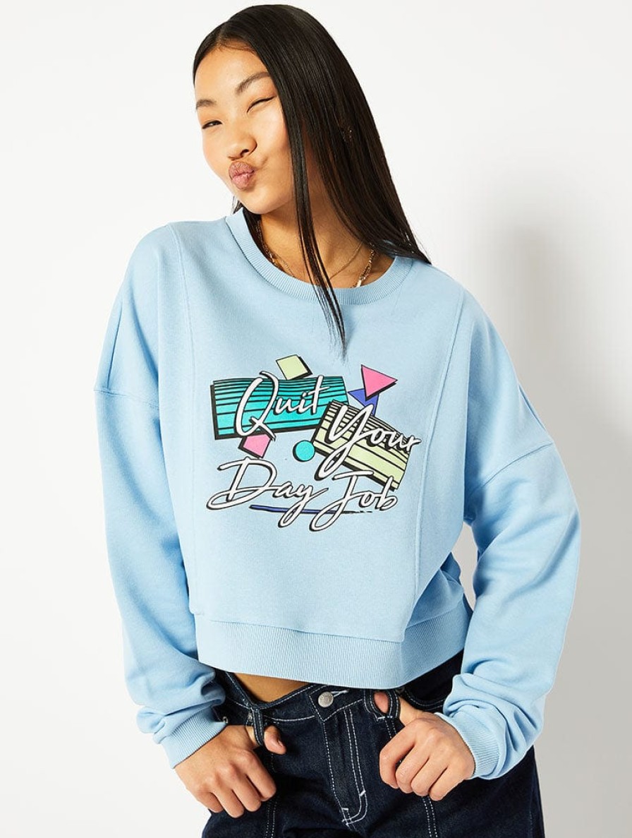 Skinnydip London Dont Quit Your Day Job Blue Panelled Sweatshirt Hoodies & Sweatshirts