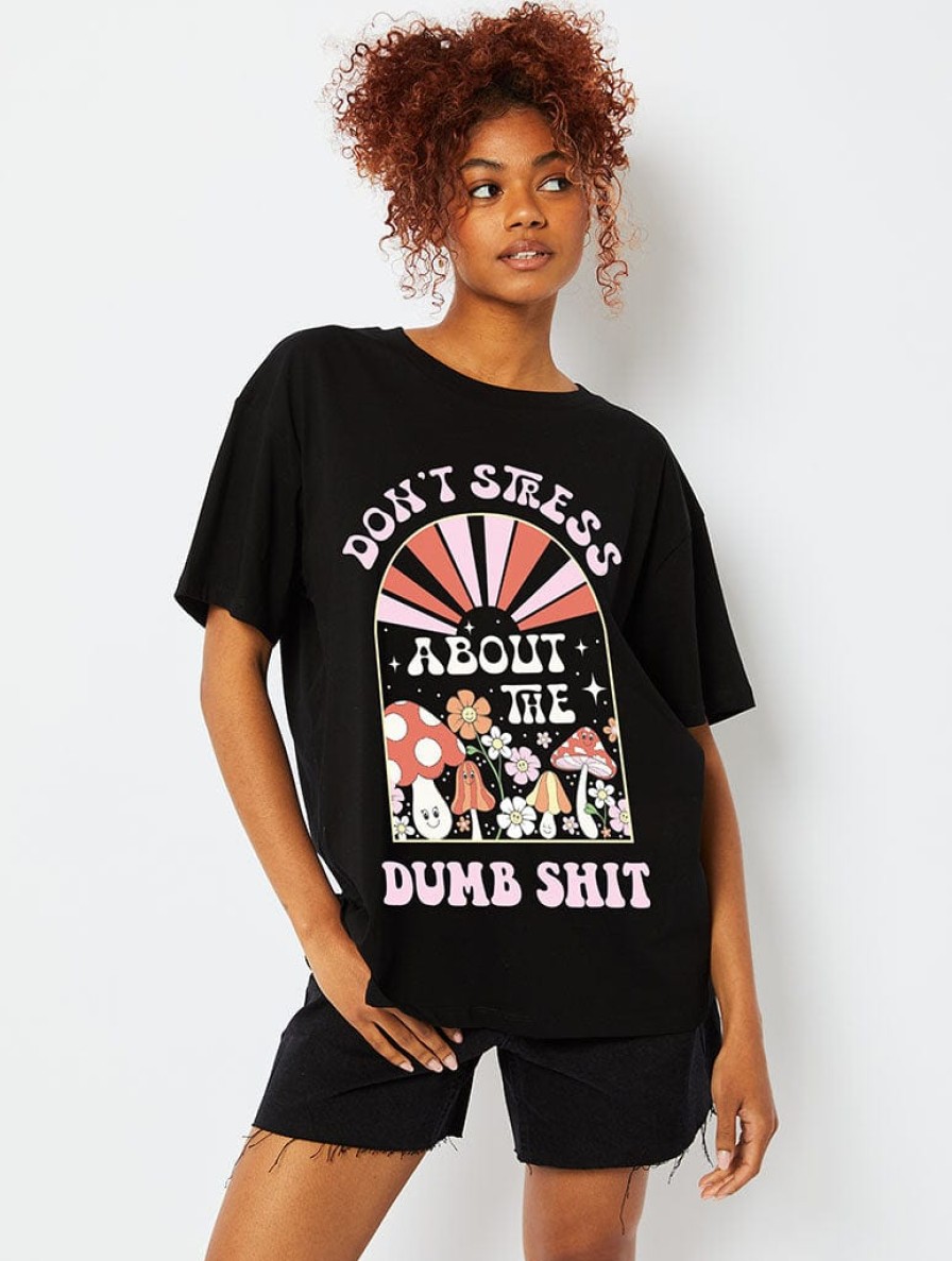 Skinnydip London Don'T Stress About Dumb Shit Black T-Shirt Tops & T-Shirts