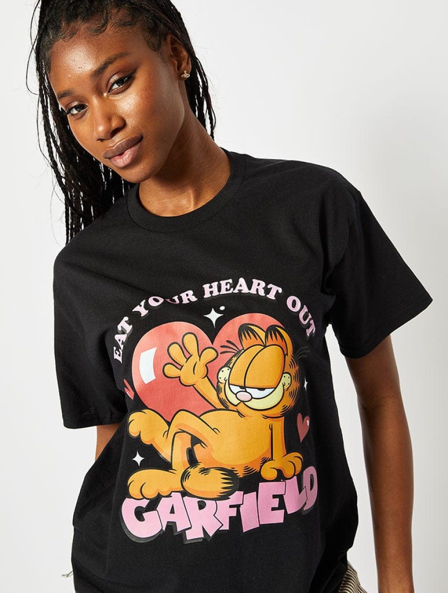 Skinnydip London Garfield X Skinnydip Eat Your Heart Out T-Shirt In Black Tops & T-Shirts