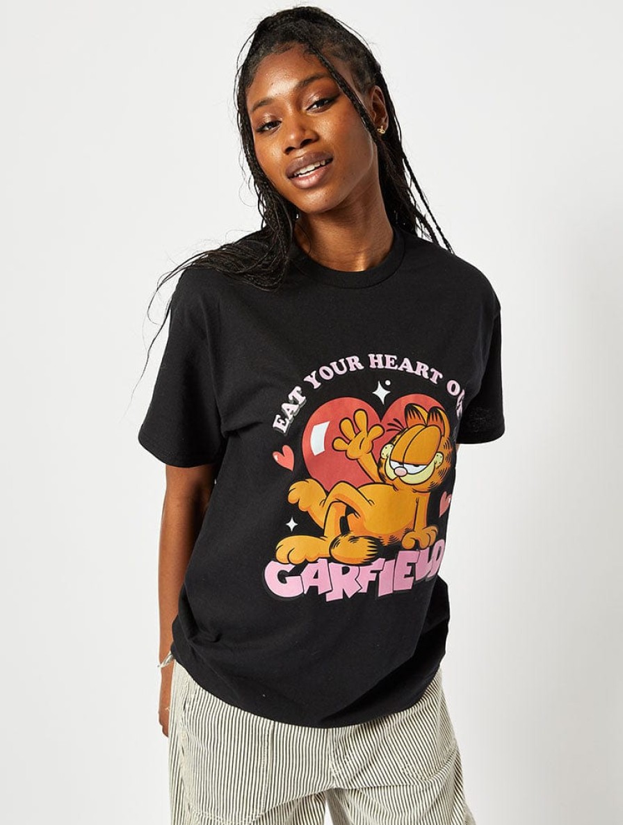 Skinnydip London Garfield X Skinnydip Eat Your Heart Out T-Shirt In Black Tops & T-Shirts