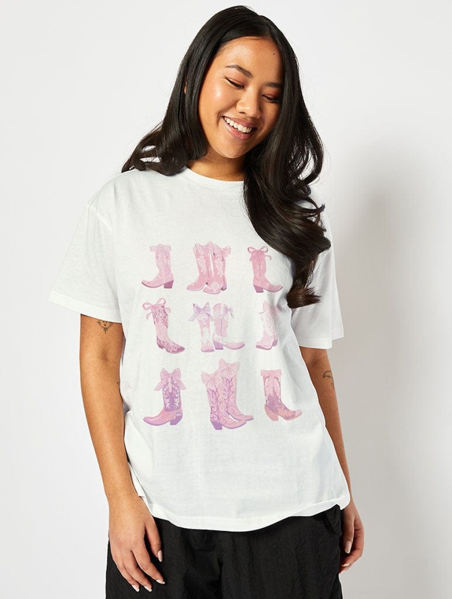 Skinnydip London Coquette Cowboy Boot T-Shirt In White Tops & T-Shirts