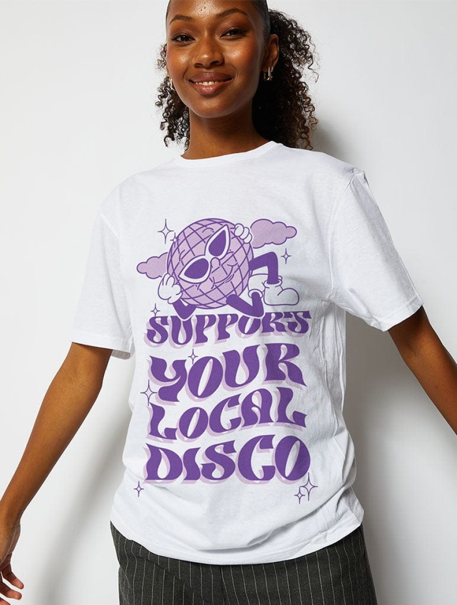 Skinnydip London Support Your Local Disco T-Shirt In White Tops & T-Shirts