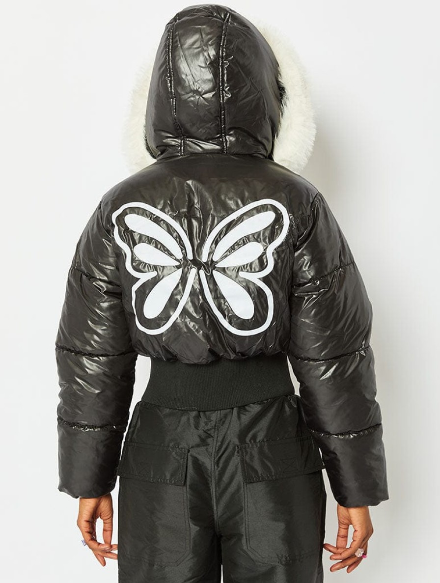 Skinnydip London Black Butterfly Puffer Jacket With Fur Trim Coats & Jackets