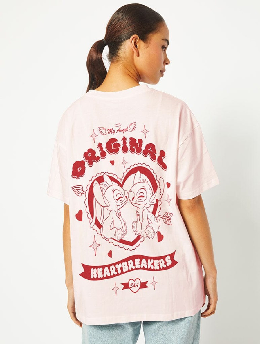 Skinnydip London Disney Stitch & Angel Original Heartbreakers T-Shirt In Pink Tops & T-Shirts