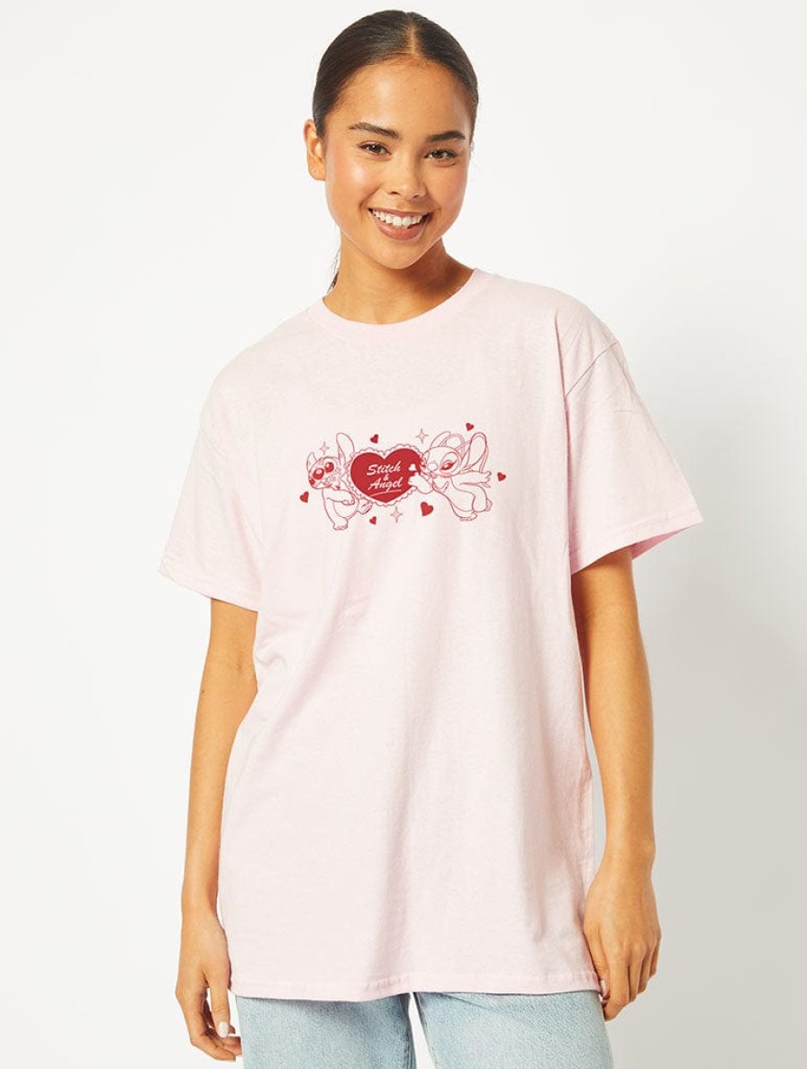 Skinnydip London Disney Stitch & Angel Original Heartbreakers T-Shirt In Pink Tops & T-Shirts